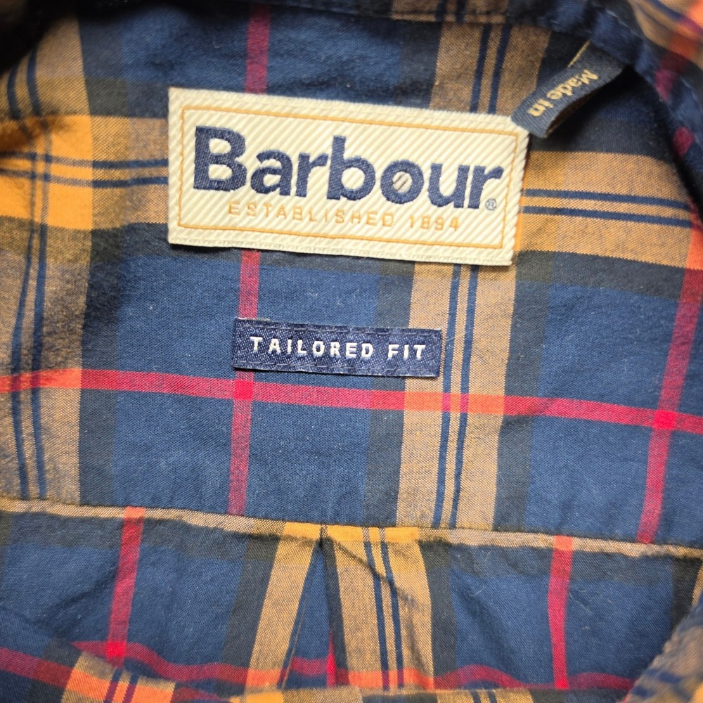 Barbour Endsleigh Highland Check Shirt Mens Large Navy Tan Plaid MSH4272BL91